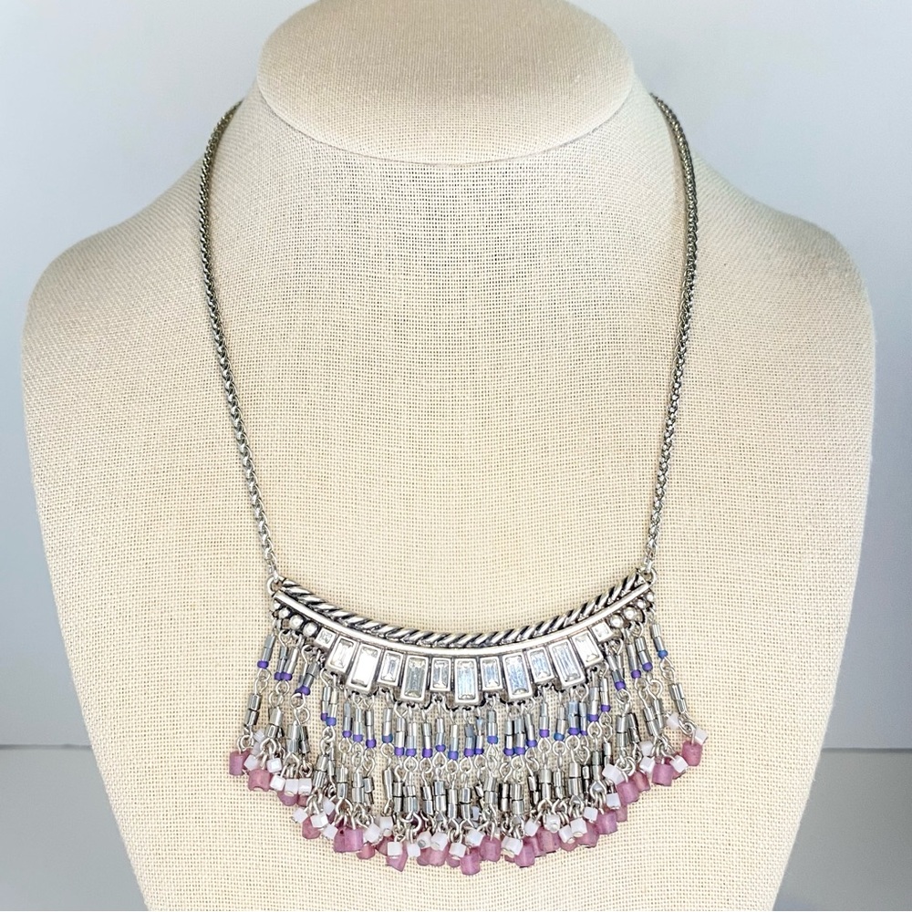 WHBM Rhinestone Necklace Silver Purple Beaded‎ Statement Bib Spiga Wheat Chain
